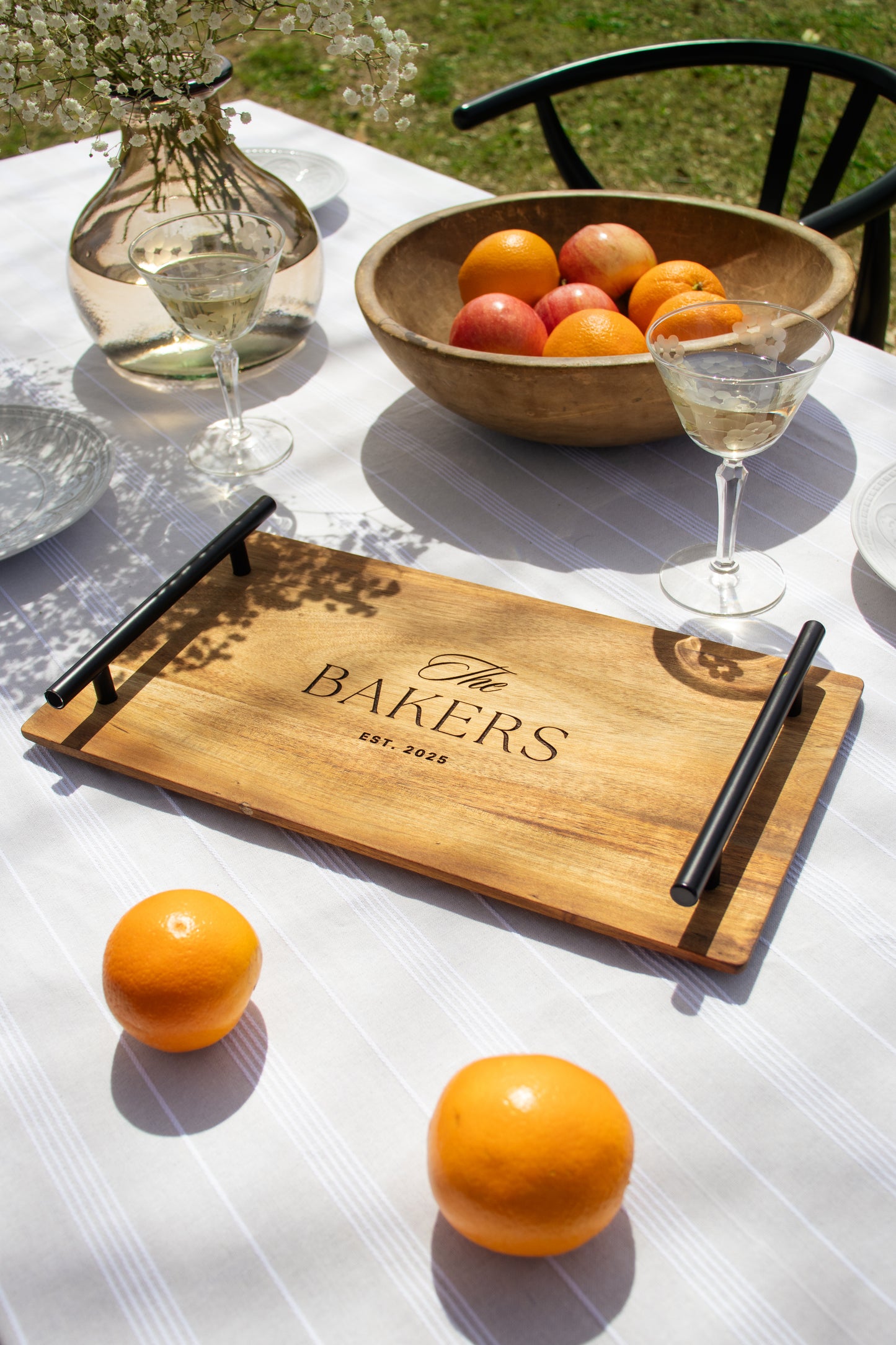 Custom Engraved Rectangular Wood Serving Tray with Metal Handles