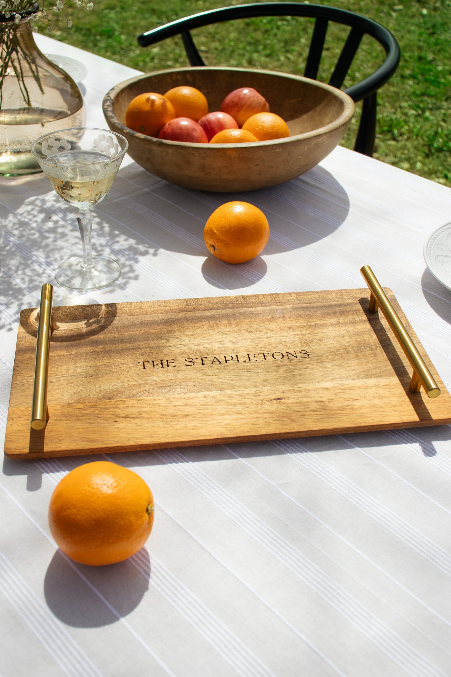 Custom Engraved Rectangular Wood Serving Tray with Metal Handles
