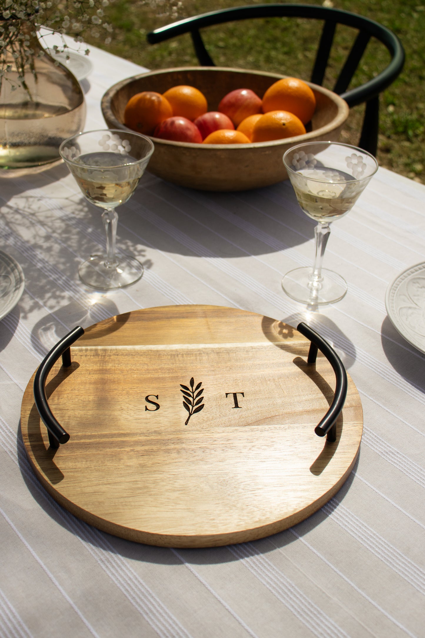 Custom Engraved Round Wood Serving Tray With Metal Handles