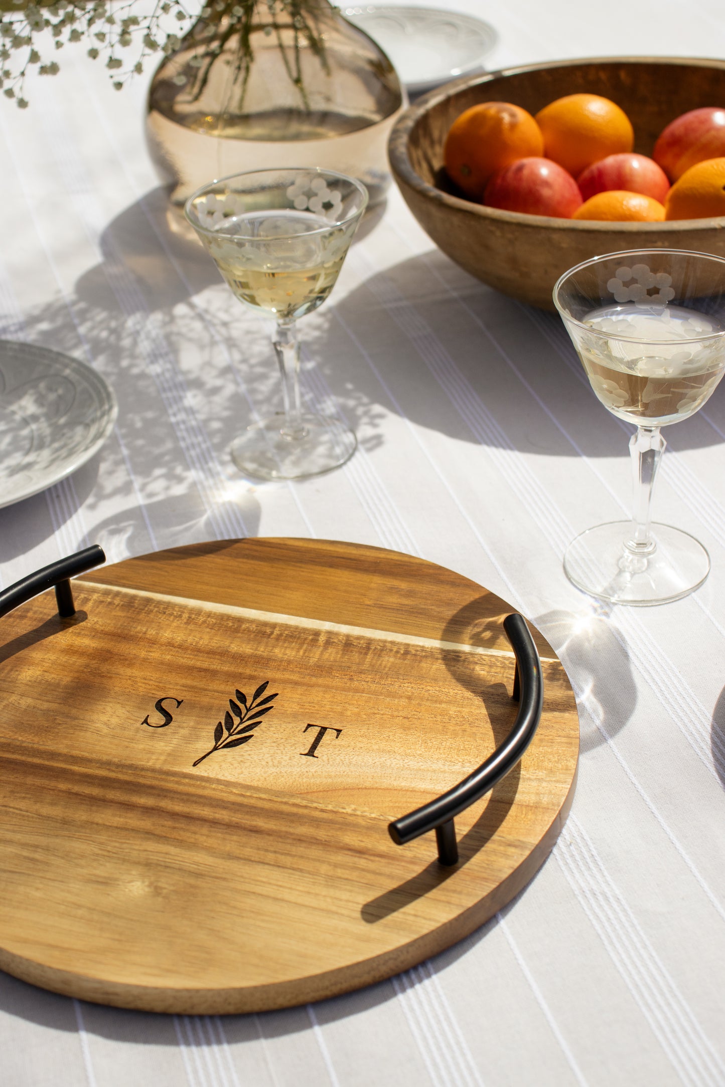 Custom Engraved Round Wood Serving Tray With Metal Handles