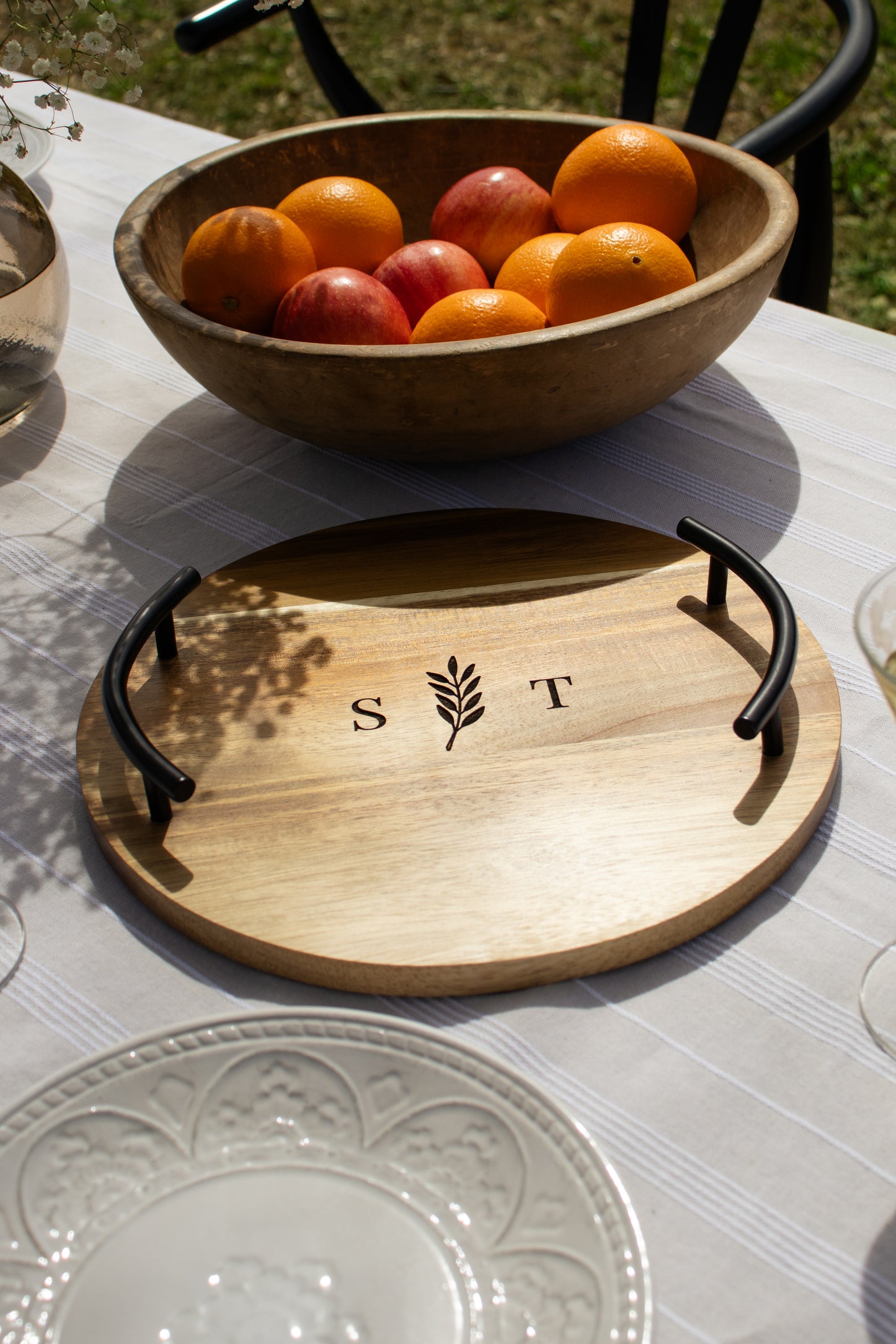 Custom Engraved Round Wood Serving Tray With Metal Handles