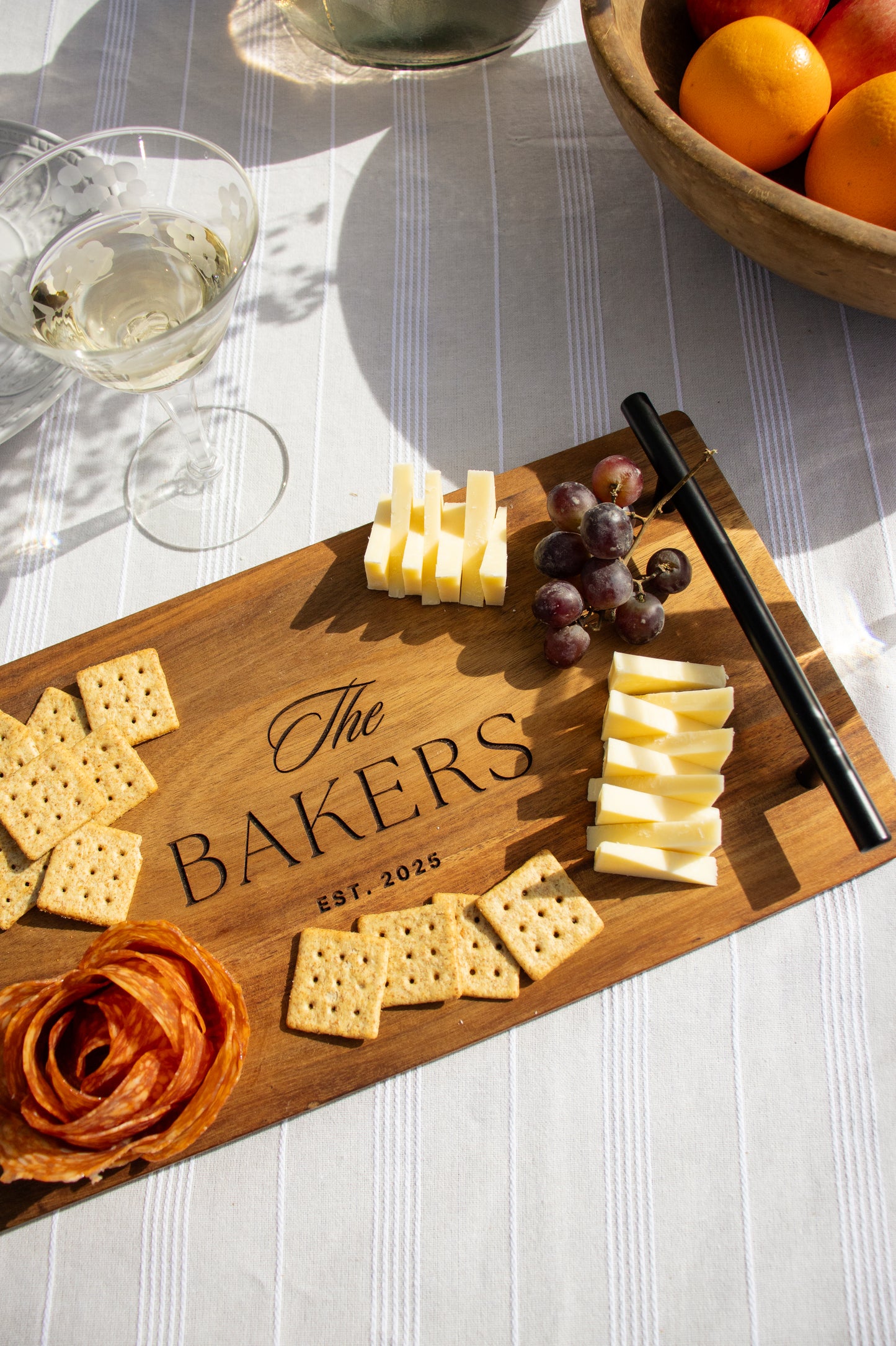 Custom Engraved Rectangular Wood Serving Tray with Metal Handles