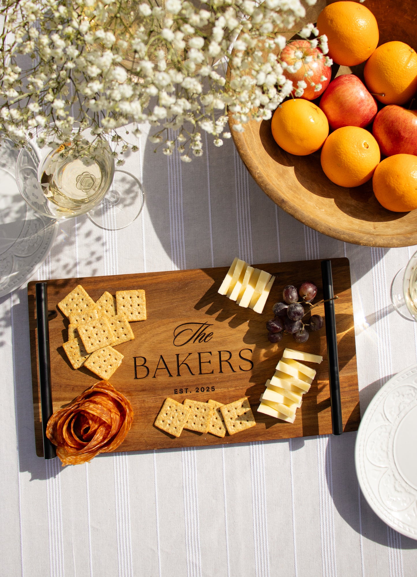 Custom Engraved Rectangular Wood Serving Tray with Metal Handles