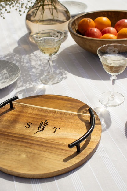 Custom Engraved Round Wood Serving Tray With Metal Handles